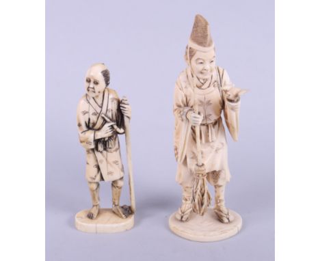 Two late 19th century Japanese sectional ivory figures, priest with broom and bird, 6 1/2" high, and old man with pipe and st