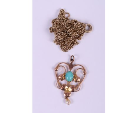 An Edwardian Art Nouveau yellow metal, turquoise and seed pearl pendant and a 9ct gold necklace, 7.6g