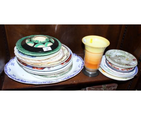 A Spode "Christmas Tree" pattern meat plate, an hors d'oeuvre dish, two biscuit plates and a candlestick