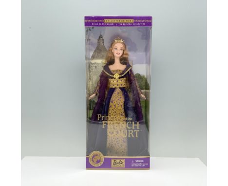 A blonde princess adorned in a regal purple and gold ensemble, embellished with floral accents, her graceful stature crowned 