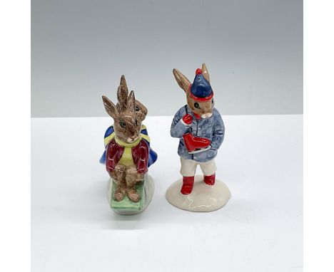 Glossy porcelain Bunnykins duo, includes: Bunnie &amp; Buntie Bunnykins Sleigh Ride, the first variation on blue, maroon and 