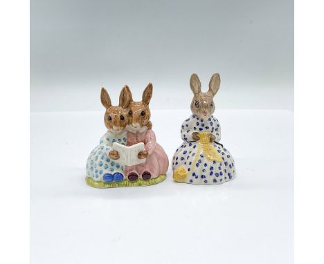 Glossy porcelain duo that includes: Susan Bunnykins DB70, based on the design Busy Needles, modeled on a white and blue dotte