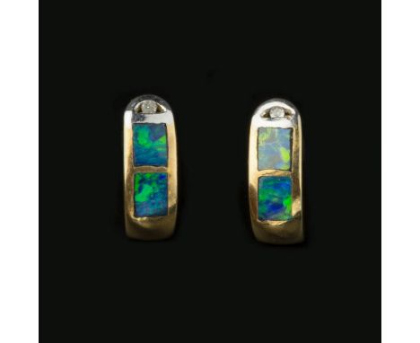 A pair of opal doublet and diamond earrings, the curved panels each with a diamond point above  a pair of opal doublet panels