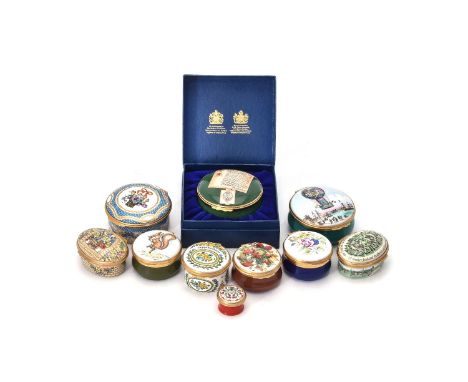 A collection of ten enamel boxes, English second half 20th century, eight Halcyon Days, including: the centenary of Joynson H