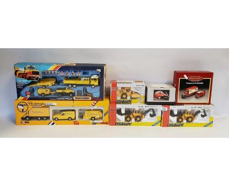 JOAL Compact Volvo BM digger, Matchbox Superkings K-118 Road Repair set, Corgi British Telecom Services three model set, JOAL
