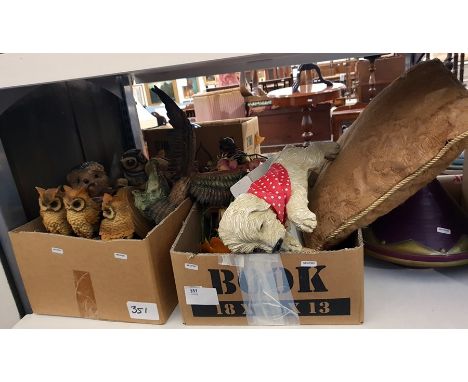 Various resin models of animals and birds, including owls, hedgehog, eagle, various collectables, a cushion and a tagine, and