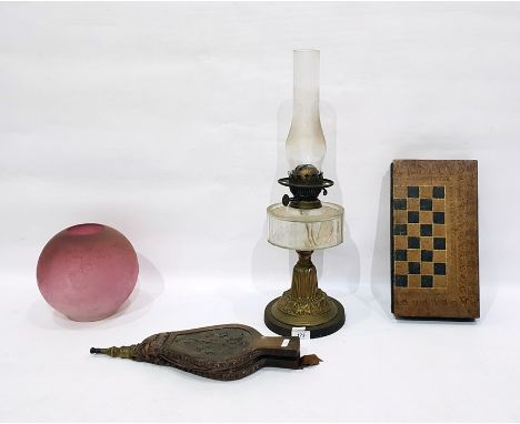 Brass and glass paraffin lamp with pink shade (cracked), backgammon board in the form of two volumes of books and a pair of b