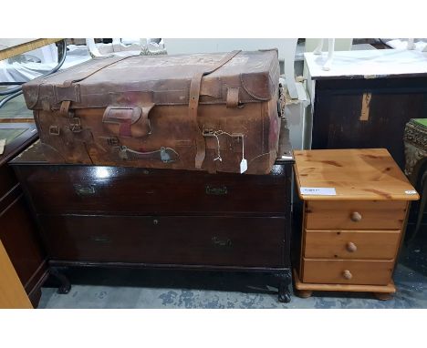 20th century pine bedside chest of three drawers, raised on bun feet, a 20th century mahogany chest of two long drawers with 