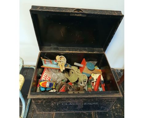 Metal chest with assorted Corgi, Matchbox and Dinky vehicles, with wooden and metal toys including Dinky Toys 'Armoured Car',