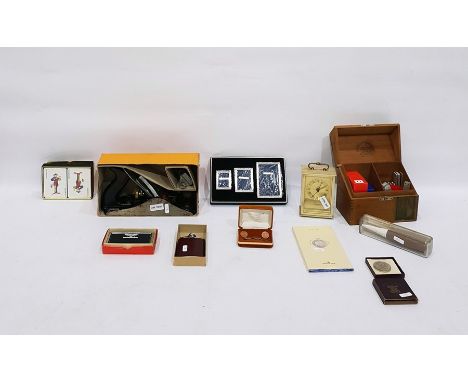 Quantity of collectables including pocket binoculars, flask, Festival of Britain medal, Golden Wedding crown, cigar box conta