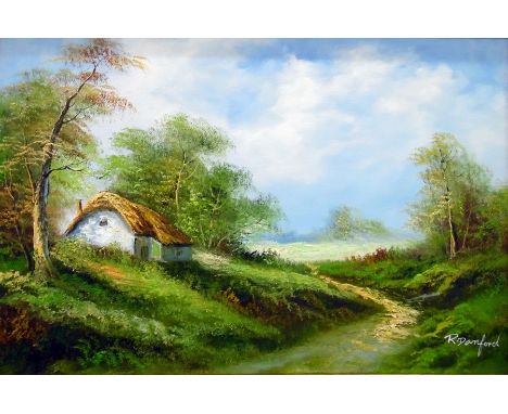 R Danford Two oils on canvasThatched cottage above mountain stream and startled deer by a waterfall within a woodland, both 4