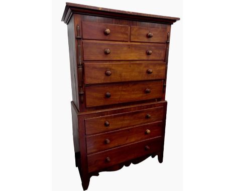 19th century mahogany chest on chest, the upper section with two short and three long graduated drawers, with split baluster 