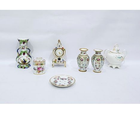 Quantity of continental hand-painted porcelain to include pair Dresden vases, floral decorated with raised gold enamel decora