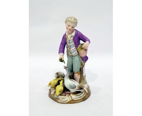 19th century Meissen figure of young boy feeding geese, underglaze blue cross-swords to base Re: Enquiry - Vintage Fashion, T