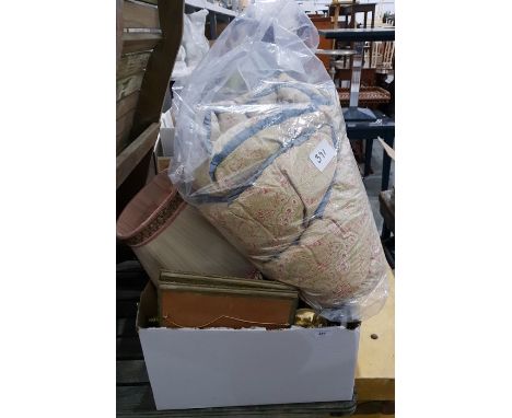 Vintage eiderdown, vintage snakeskin handbag, assorted ceramics, framed picture, etc (1 box) 