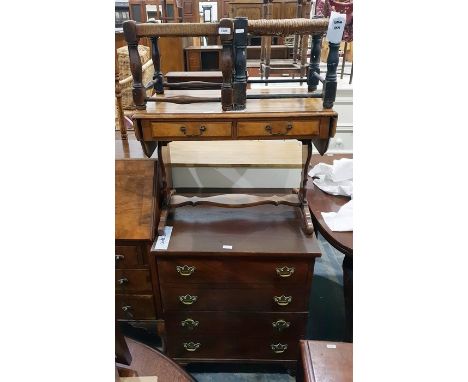 20th century walnut bureau of three drawers to cabriole supports, a string seated stool, a wicker stool, a walnut coffee tabl