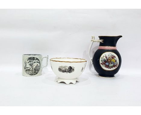 Victorian pottery baluster-shaped jug, black matt ground with vignettes of shells and coral, a black and white transfer-print