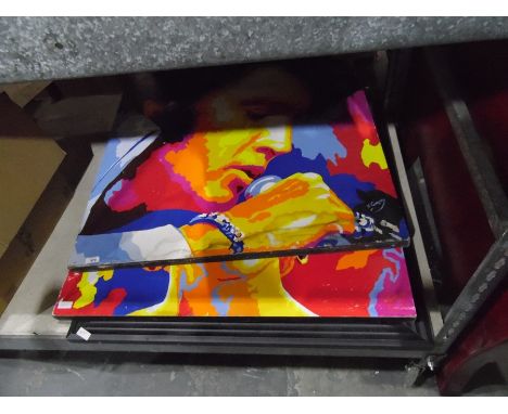 Two large prints after V Gorsky of Elvis, Marilyn in psychedelic colours and another large framed print (3) 