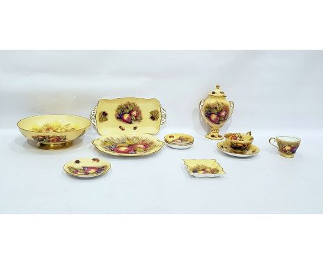 Quantity of Aynsley blush ground fruit decorated ware to include cups and saucers, ginger jar, bowls, etc Re: Enquiry - Toys,