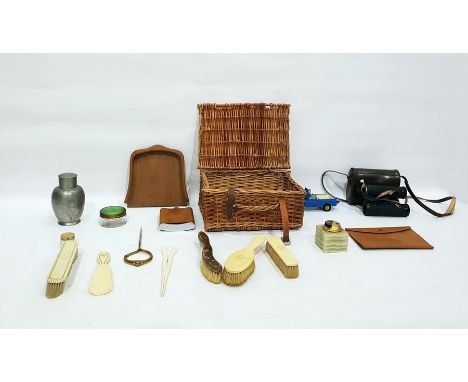 Small wicker hamper and contents of hip flask, Oriental pewter tea caddy, table lighter, etc 