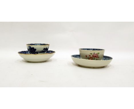 18th century porcelain tea bowl, enamel painted flowers, underglaze blue rim, another blue and white Chinese patterned underg