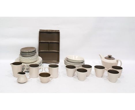 Poole pottery tea and dinner service, pink and brown ground to comprise seven cups, eight saucers, eight side plates, six bow