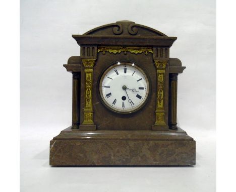 19th century French marble mantel clock, stepped architectural design with gilt metal pillars and pilasters, enamel dial, eig