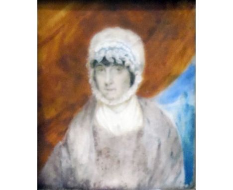 19th century schoolWatercolour on ivory Half length portrait of a lady in a lace bonnet, 7.5cm x 7cm 