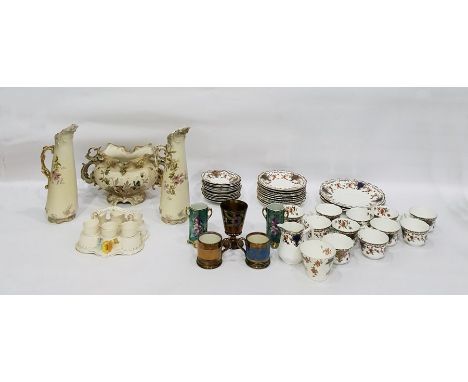 Collection of decorative ceramics to include Edwardian blush garniture comprising pair of ewers and two-handled vase, copper 