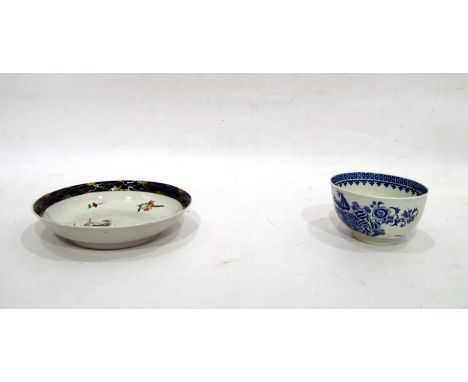 Worcester blue and white teabowl decorated with country scenes, blue crescent mark to base and a saucer dish, floral decorate
