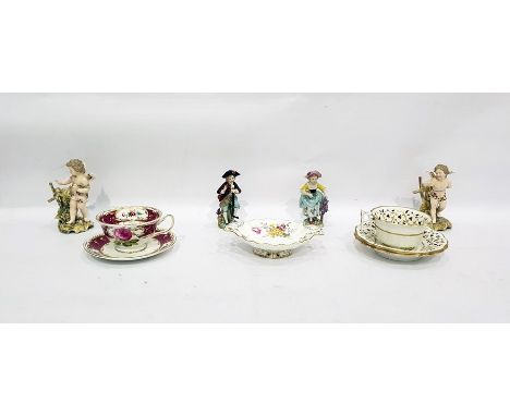 Royal Crown Derby 'Derby Posies' miniature comport, a 19th century china cup and two saucers in trailing gilt and puce stylis