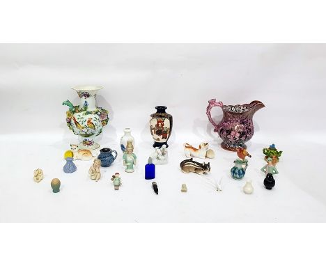 Continental porcelain baluster vase painted with birds, floral encrusted, bearing Meissen type mark (damaged), quantity minia