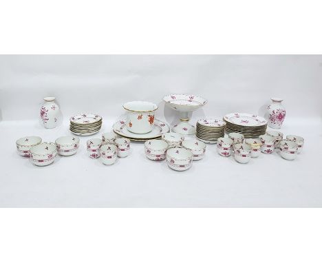 20th century Herend porcelain part tea and coffee service having moulded basket weave rims with hand-painted pink and gilt fl