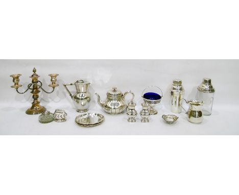 Quantity of silver plate to include teapot, cocktail shakers, candelabrum, jugs, etc 