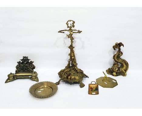 Elaborately formed brass umbrella stand/stick stand with a dog waiting for his master, brass inkstand with letter rack, dolph