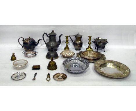 Quantity of metalware to include teapot, trays and a pair of brass candlesticks 