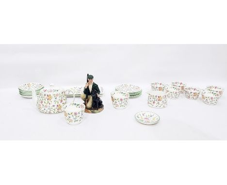 Minton 'Haddon Hall' pattern tea set for six persons, to include teapot, two bread and butter plates and Royal Doulton figure