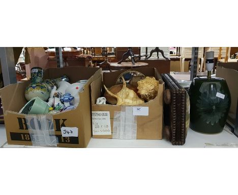 Various hand-painted Spanish and Italian pottery items, conch shells, a footstool on round pad feet with beaded edging, a cer