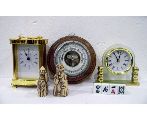 Assorted items to include Mahjong tiles, chess pieces, oak framed barometer, two modern mantel clocks, etc Re: Enquiry - Toys