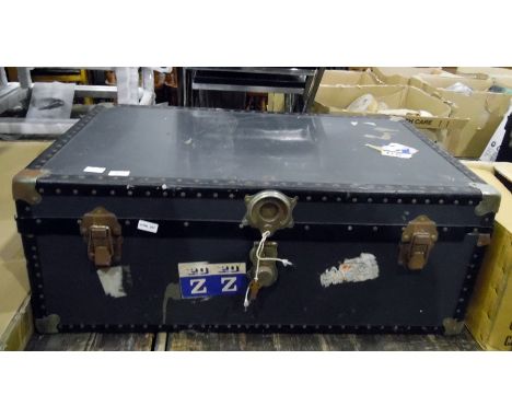 Early 20th century trunk and a collection of records including Rex Harrison, Julie Andrews, 'My Fair Lady', etc 