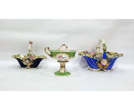 Graduated pair of 19th century porcelain baskets, cobalt blue ground, gilt and scroll interior, encrusted with flowers and a 