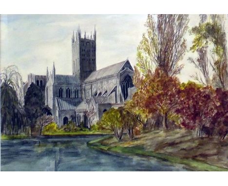 R FabianWatercolour drawingLarge cathedral with trees and river, indistinctly signed lower left, 49cm x 59cmRosemary G-DWater