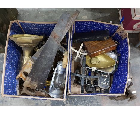 Kitchen weighing scales, two saws, storm lantern, 4 brass blow torches, large brass bowl, brass-coloured metal plant stand, v
