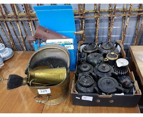 Large quantity of Jackfield style teapots,  brass coal scuttle and other brass items, various books, a vintage mincer, etc 