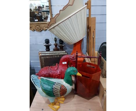Pair of wooden table lamps shaped as pillars, two other table lamps, a Chinese style Tang red painted carved horse, a papier 