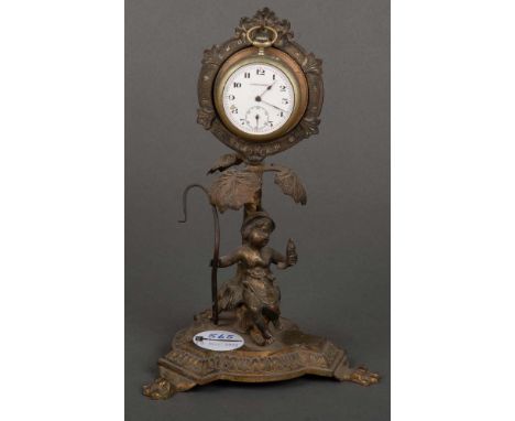Taschenuhrständer. Frankreich 19. Jh. Sitzender Putto auf Sockel, Bronze, vergoldet, darüber hängende Taschenuhr, versilbert,