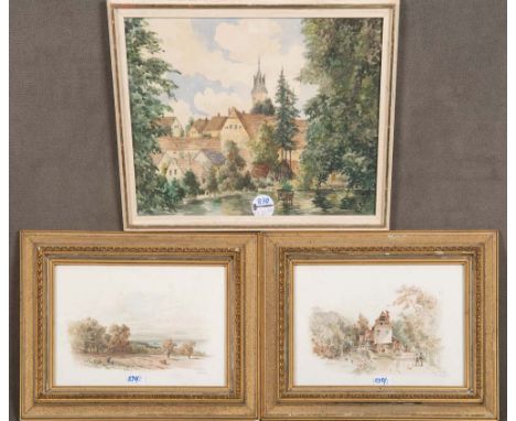 K. Christ (Maler des 20. Jhs.). Dorfansicht mit Kirche. Aquarell, re./u./sign., dat. (19)46, hi./Gl./gerahmt, 24 x 34 cm; daz