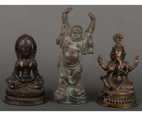 Drei Figuren. Zwei Gottheiten; dazu ein stehender Buddha. Asien. Bronze, H=17,5 bis 25 cm.