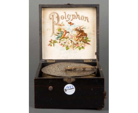 Polyphon. Deutsch um 1900. Massivholz-Kasten, bemalt mit Holzstrukturfarbe, Innenleben Messing / Metall, H=13 cm, B=18,5 cm, 