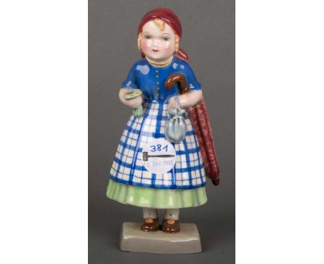 Stehendes Mädchen mit Schirm und Tasche. Wien, Goldscheider 20. Jh. Feinsteinzeug, am Boden gemarkt, H=21 cm.
